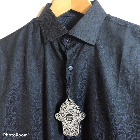 Luchiano Visconti Other - LUCHIANO VISCONTI BLACK Small Navy on Black Paisley Shirt 3944 Cotton Blend $145